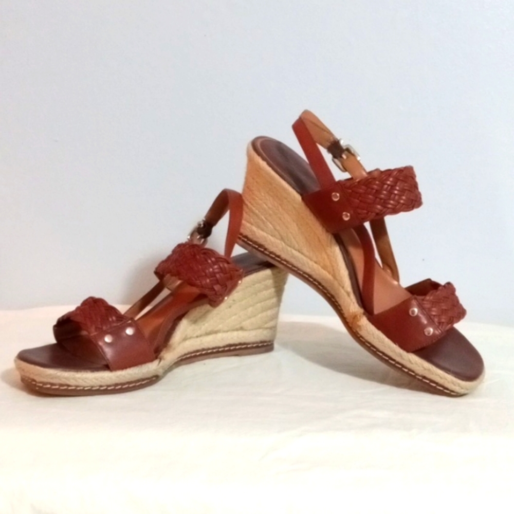 ANTONIO MELANI MONTE WOODBURY STYLE LEATHER WEDGE ESPADRILLE SANDALS BROWN 10